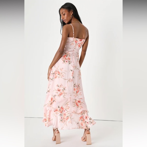 Lulus Remarkable Beauty Blush Pink Floral Satin Ruffled Midi Dress - Picture 2 of 5